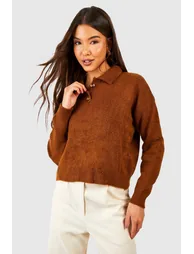 Soft Knit Jumper With Polo Collar - camel