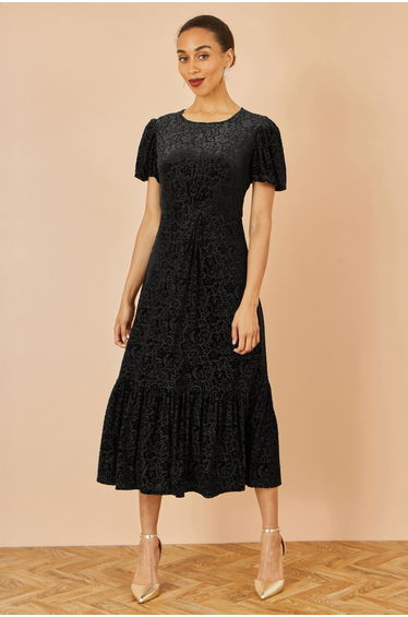 Yumi Black Floral Velour Velvet Twist Waist Midi Dress