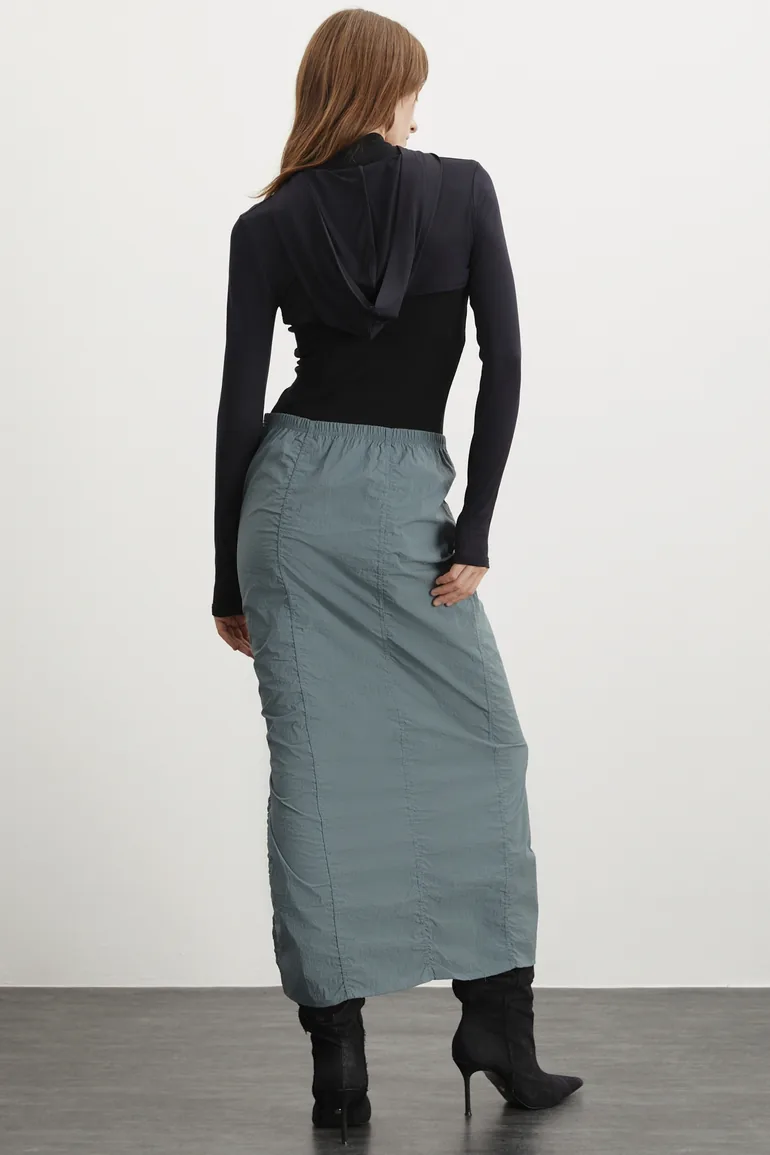 GRIMELANGE Cherı Women's Elastic Waist Waterproof Parachute Fabric Long Green Skirt - 6