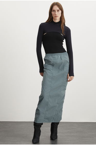 GRIMELANGE Cherı Women's Elastic Waist Waterproof Parachute Fabric Long Green Skirt