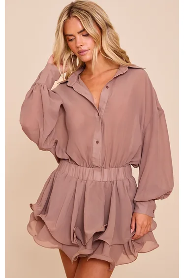 Petite Taupe Chiffon Long Sleeve Mini Dress