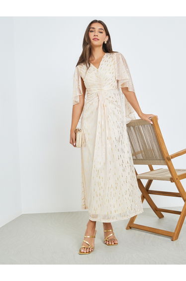 Cream Foil Print Cape Sleeve Maxi Dress