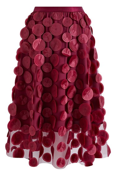 3D Layered Disc Embellishment Mesh Midi Skirt in Red