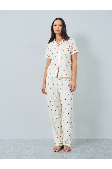 Cream Cherry Print Shirt and Pyjama Set