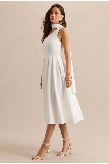 Odette | White Asymmetric-Neck Midi Dress With Scarf