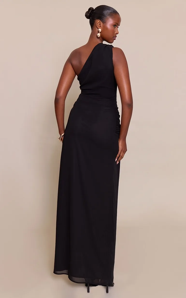 one shoulder black chiffon dress Chiffon One-Shoulder Maxi Dress with Circle Skirt