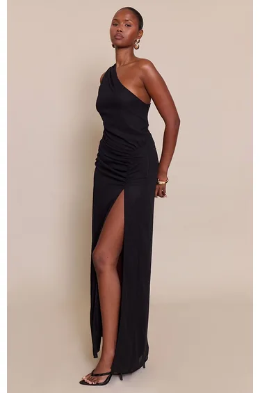 Black Chiffon One Shoulder Ruched Detail Maxi Dress