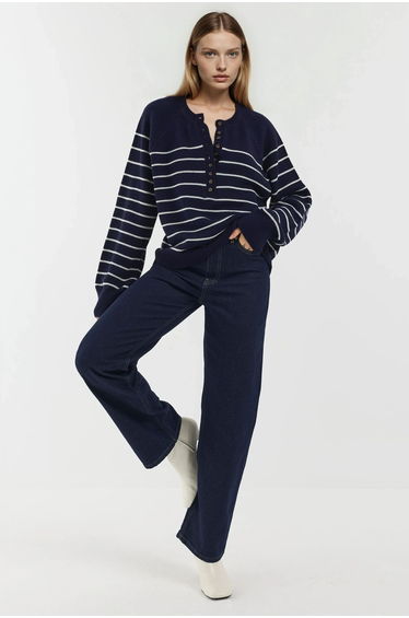 Button Detailed Striped Loose Fit Sweater