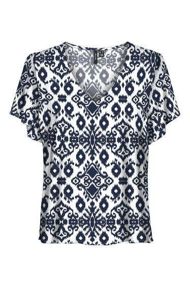 Printed V-Neck Blouse with Short Sleeves