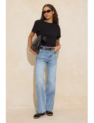High Waist Wide Leg Wide Leg 100% Cotton Non-Stretch Jeans - 1