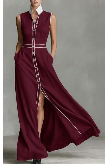 A-Line High Waisted Buttoned Contrast Color Pockets Split-Joint Lapel Maxi Dresses