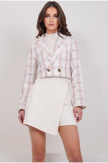 Women's White Plaid Patterned Crop Jacket
