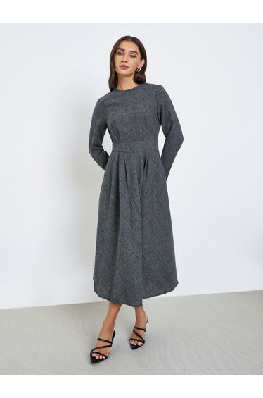 Checked Long Sleeves A-Line Midi Dress