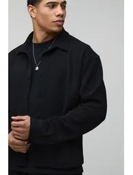 Jersey Herringbone Oversized Boxy Shirt & Relaxed Trouser Set - black - 2