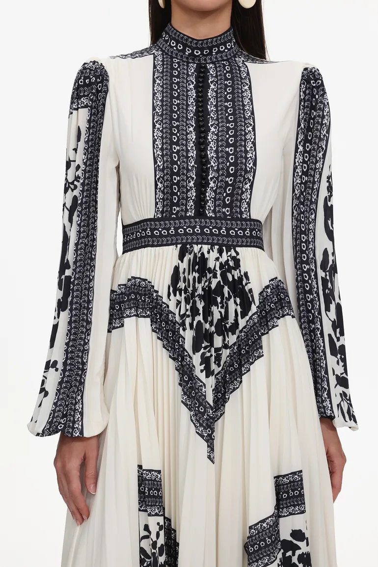 Sahara Resort Flowy Pleated Long Sleeve Printed Chiffon Black Maxi Dress - 4