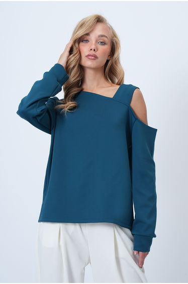 Women's Petrol Blue Asymmetrical Cut Shoulder Band Detailed Knitted Blouse