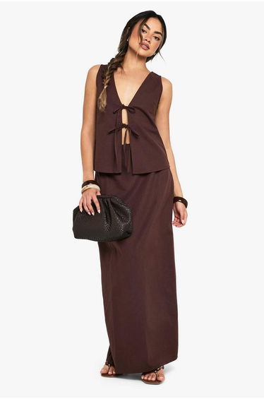 Linen Split Back Maxi Skirt - chocolate