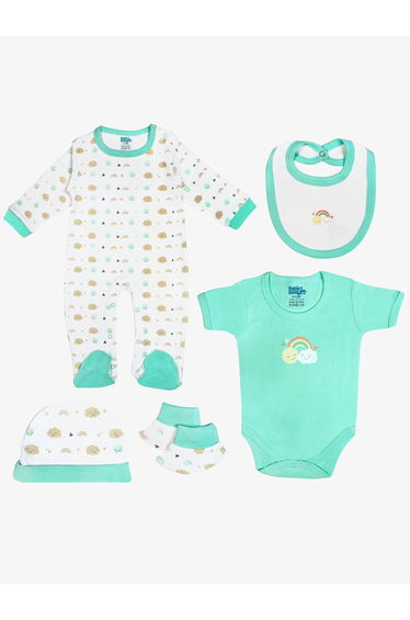 5-Piece 100% Cotton Bib, Romper, Mittens, Cap and Sleepsuit Set
