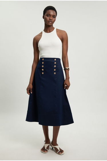 Cotton Tailored Button Detail Midi Skirt
