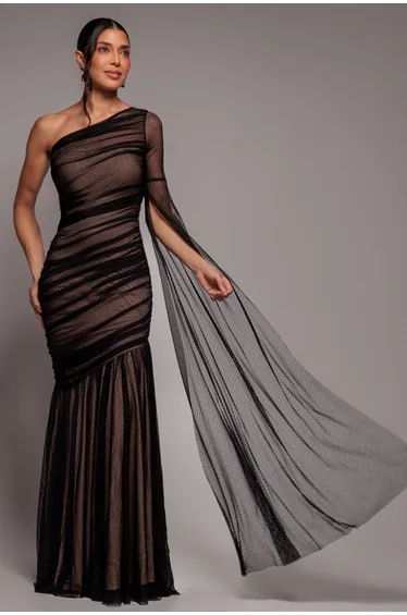 Goddiva Gathered One Sleeve Angel Wing Mermaid Maxi Dress - Black