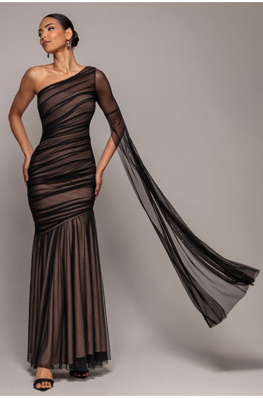 Goddiva Gathered One Sleeve Angel Wing Mermaid Maxi Dress - Black
