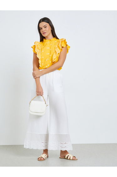 Yellow Embroidered Ruffle Sleeveless Top