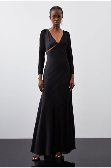 Ooto Sheer Panneled Long Sleeve Woven Maxi Dress