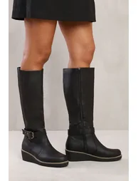 VANDA WEDGE HEEL KNEE HIGH BOOTS WITH ELASTIC PANEL IN BLACK - 1