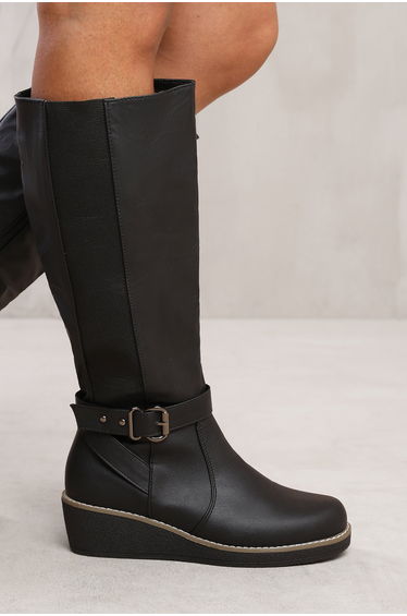 VANDA WEDGE HEEL KNEE HIGH BOOTS WITH ELASTIC PANEL IN BLACK