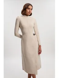 Petite Figure Form Bandage Asymmetric Long Sleeve Knit Midi Dress
