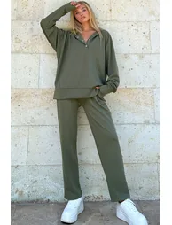 Women's Khaki Hooded Snap-On Oversize Sweatshirt and Trousers Top and Bottom Set - 4