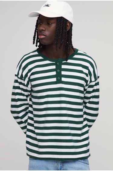 Regular Fit Henley Striped Knitted Long Sleeve T-Shirt - forest