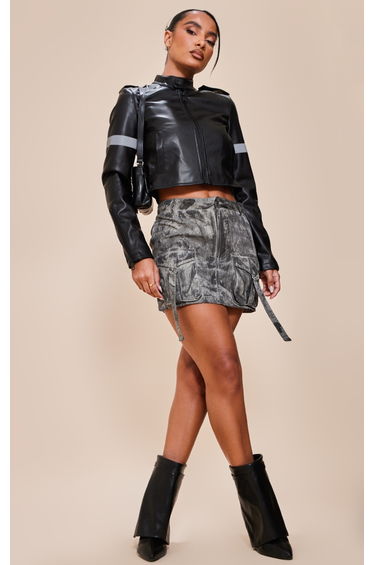 Charcoal Grey Vintage Wash Cargo Micro Mini Skirt