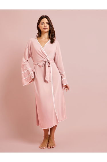 Pink Contrast Lace Flare Sleeve Robe