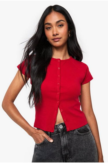 Rib Button Through Cap Sleeve Top - red