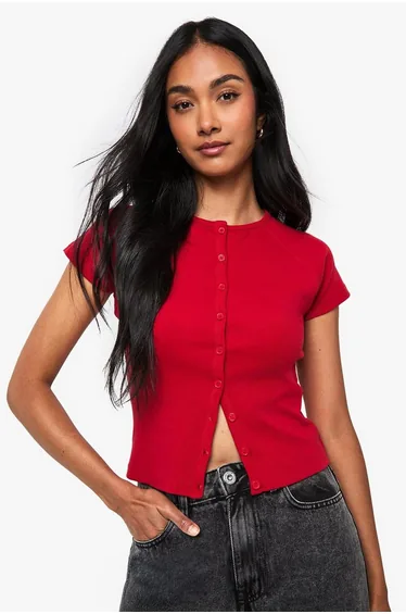 Rib Button Through Cap Sleeve Top - red