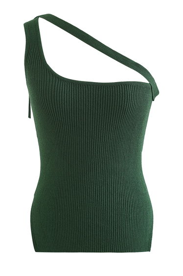 Button Strap One-Shoulder Knit Tank Top in Green