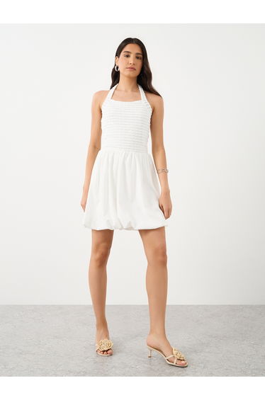 Textured Balloon Hem Halter Neck Mini Dress