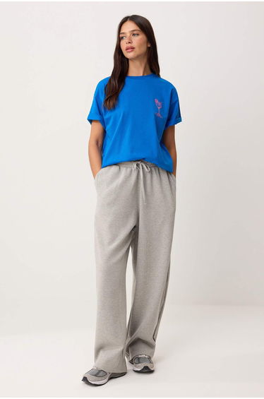 Indigo Slogan Oversized Crew Neck Low Sleeve Short Long Tok 100% Cotton Knitted T-Shirt =