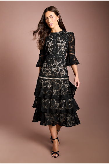 Lace Tiered Skirt 3/4 Sleeve Midi Dress