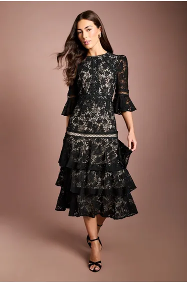 Lace Tiered Skirt 3/4 Sleeve Midi Dress