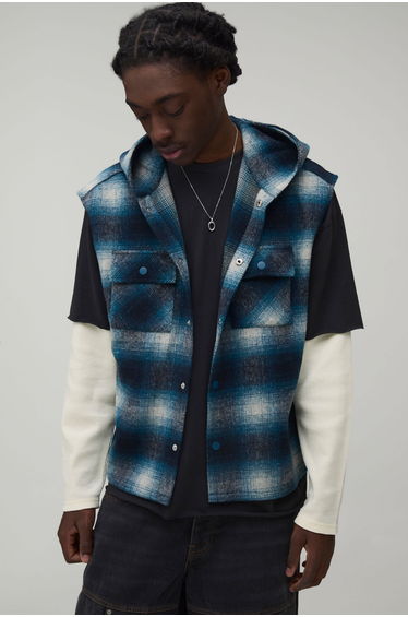 Oversized Brush Check Hooded Sleeveless Overshirt - blue