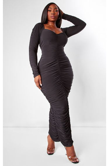 Plus Black Long Sleeve Extreme Ruching Dress
