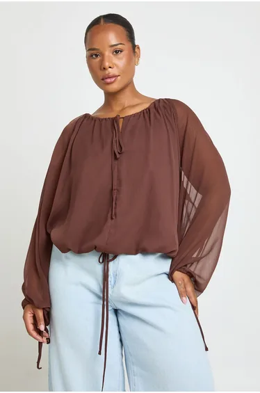 Plus Ruched Tie Front Balloon Sleeve Blouse - chocolate
