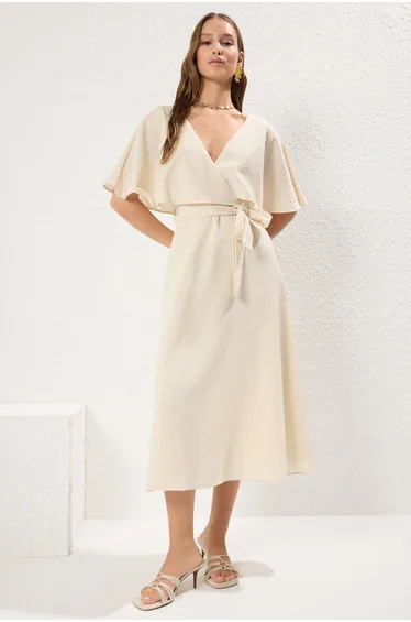 Beige A-Line Double-Breasted Cape Midi Linen Look Woven Dress