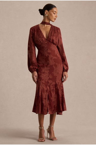 Sabina | Rust Devore Plunge-Neck Midi Dress