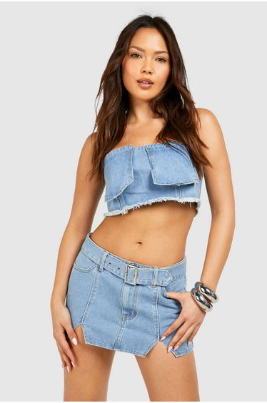 Notch Detail Buckle Belt Denim Micro Mini Skirt - light blue