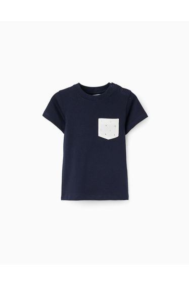 Cotton T-shirt with printed chest pocket for baby boys dark blue