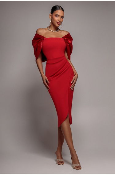 Off Shoulder Back Satin Bow Wrap Crepe Midi Dress - Red by Goddiva