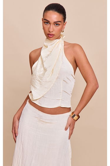 Butter Yellow Textured Woven Halterneck Top